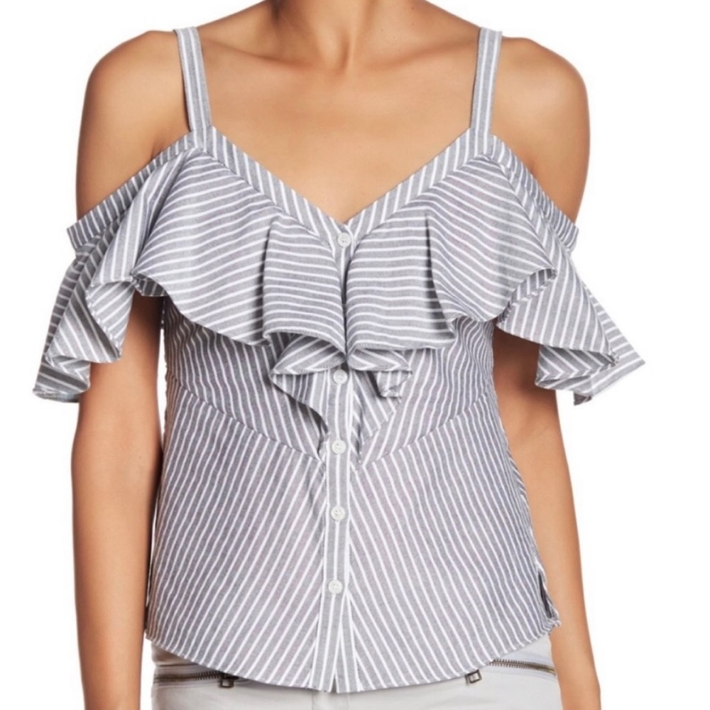 Veronica Beard Grant Off-Shoulder Ruffle Gray and White Striped Top